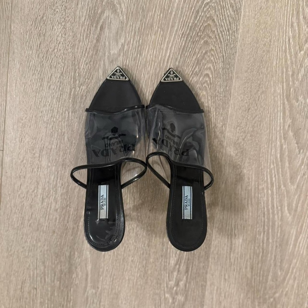 Prada Logo Print Plexiglass High Heel Slides